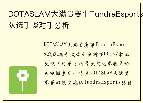 DOTASLAM大满贯赛事TundraEsports战队选手谈对手分析