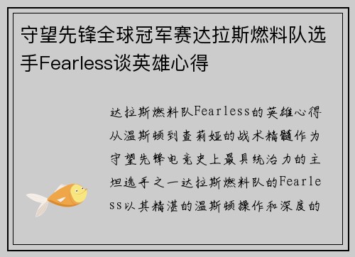 守望先锋全球冠军赛达拉斯燃料队选手Fearless谈英雄心得